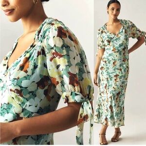 Anthropologie Floral V-Neck Midi Dress in Mint Multi
